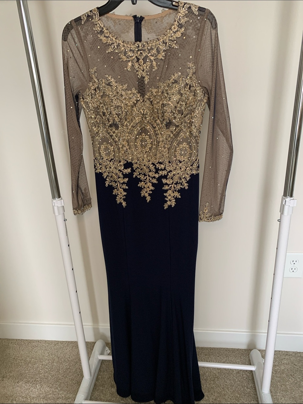 Avery G Navy and Gold Long Sleeve Embellished Evening Gown